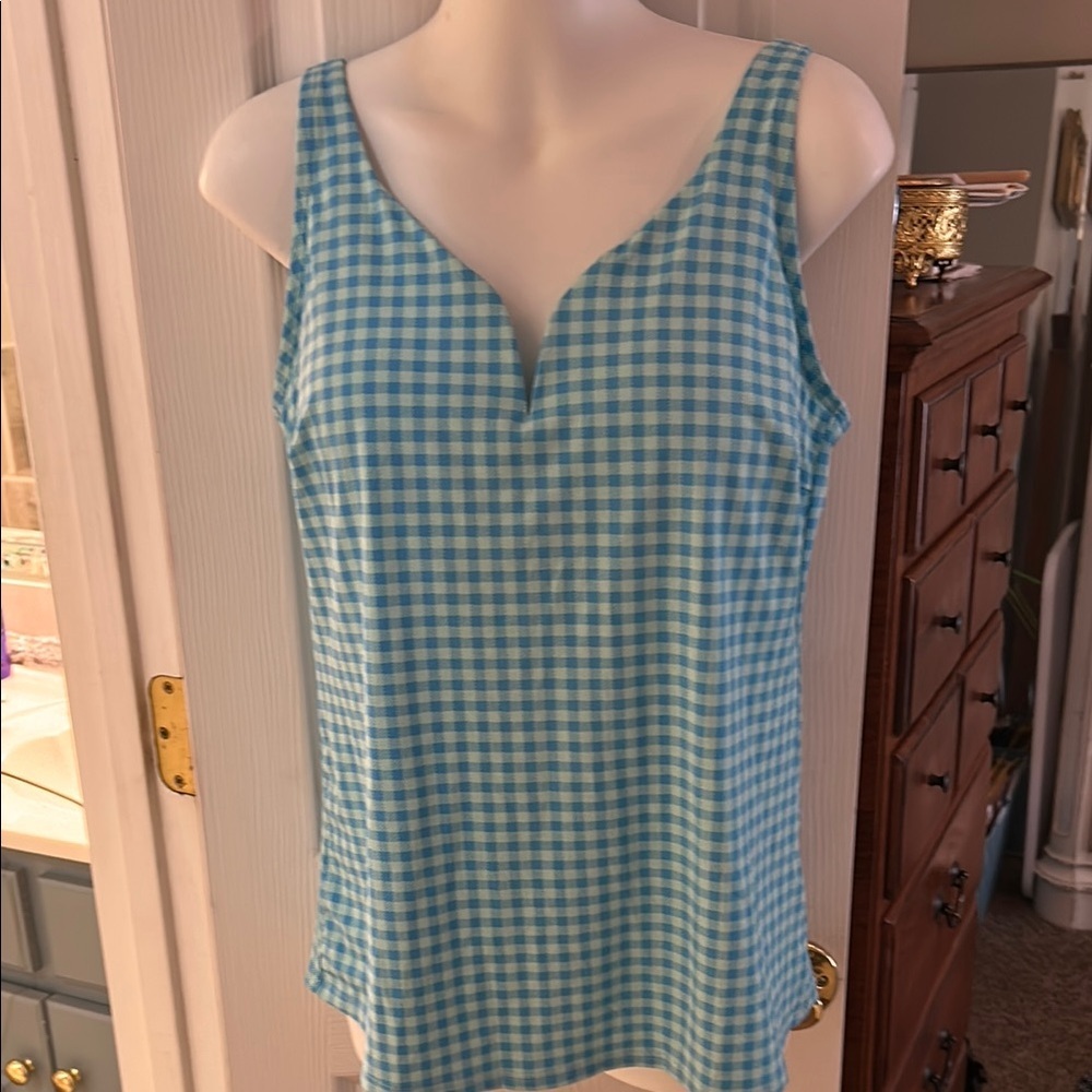 Lands' End Gingham Check Aqua Tankini Swim Top SZ 12